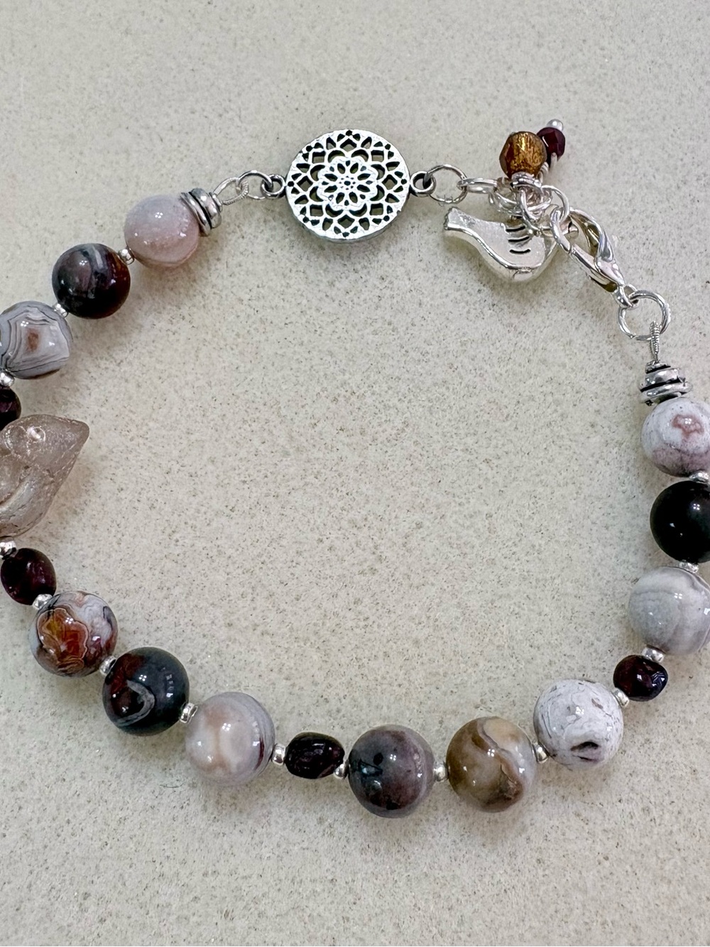 Multi-Color Mexican Agate , and  Garnet Beaded Bracelet with Silver Accents
